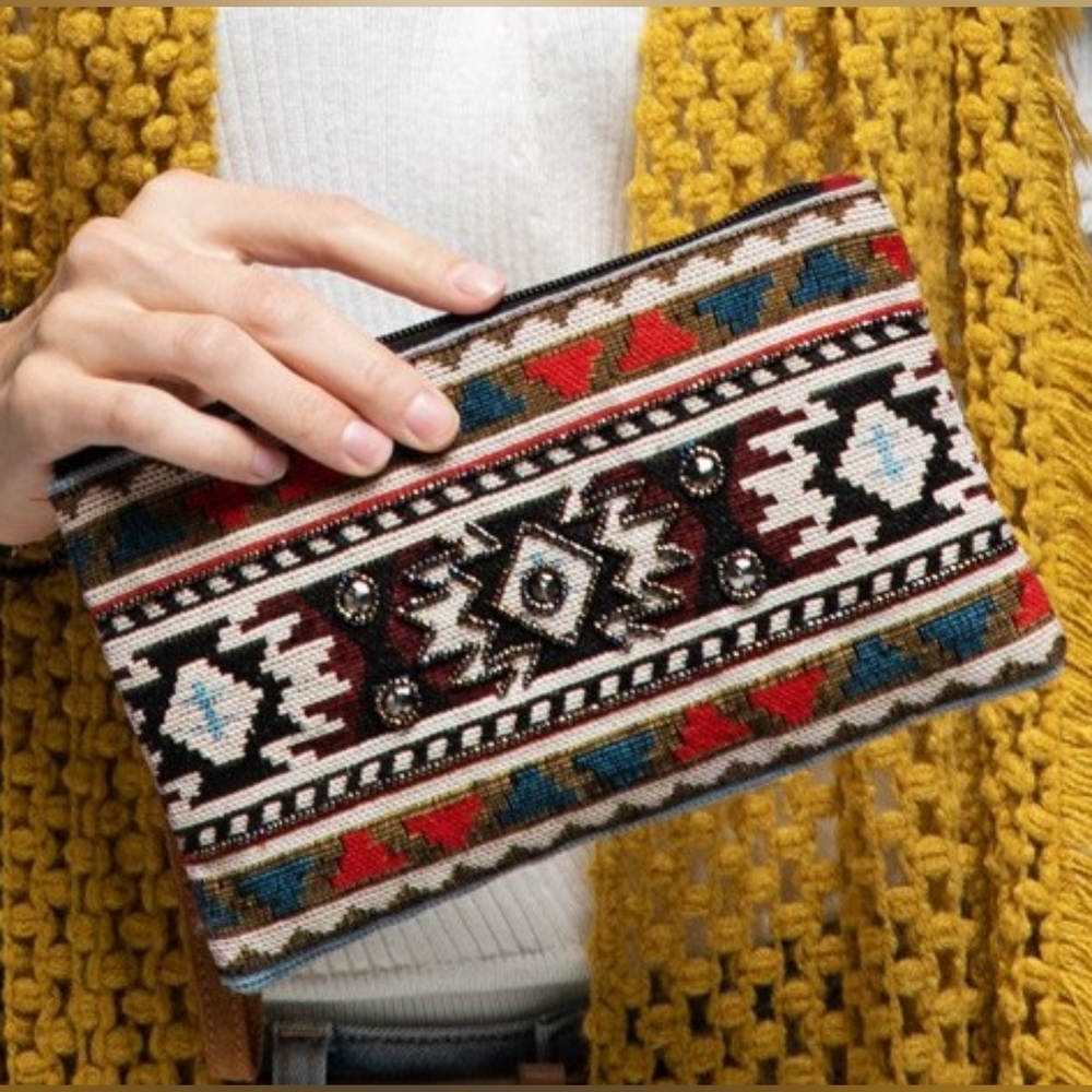 Handmade Hand Beaded Wristlet Clutch - Ethnic Inspired Design - Dyed Fine Cotton